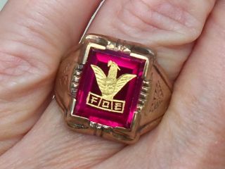 Vint 10k Yellow Gold Fraternal Order Of Eagles W/ Red Stone Sz 8 Ring 5.  5g Vgc