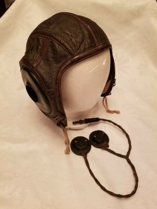 Vintage Wwii Slote & Klein Leather Military Flight Helmet And Head Phones Size L