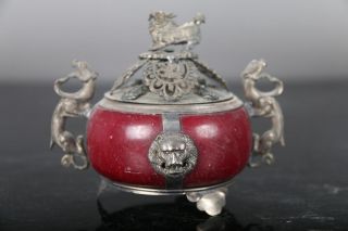 Collectibles Chinese Tibetan Silver Carving Kylin Inlay Red Jade Incense Burner