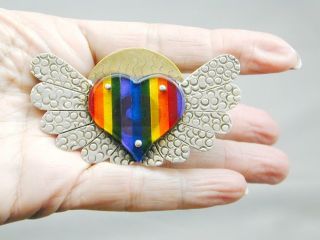 Thomas Mann Techno Romantic Sterling Brass Winged Rainbow Heart Pin