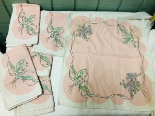 Vintage Set 6 Mid Century Pink / White Cloth Cotton Fabric Floral Napkins