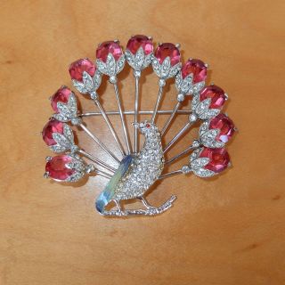 Vintage Peacock Brooch Large Pink And Small Clear Rhinestones None Missing 1930s
