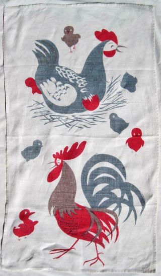 Vintage Mid Century Tammis Keefe Linen Kitchen Tea Towel Rooster Chicken Red