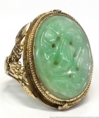 Solid Yellow Gold Natural Jadeite Jade Grape Motif Ladies Antique Ring Size 4.  5