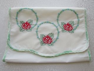 Vintage White Dresser Scarf / Table Runner Embroidered Red Roses Inside Circles