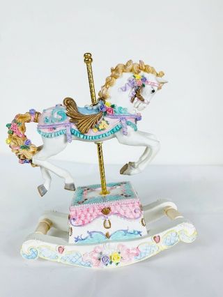 Musical Carousel Horse Ceramic Resin with Rocking H 8.  5” X L 7” 2