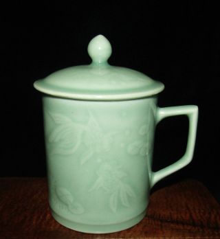 Signed Vintage Celadon Tea Cup With Cover Mug Fish Design 5 " T 3 1/4 " Diam