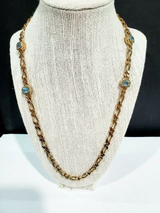 Vintage Christian Dior Chain Necklace With Blue Rhinestones 32 "