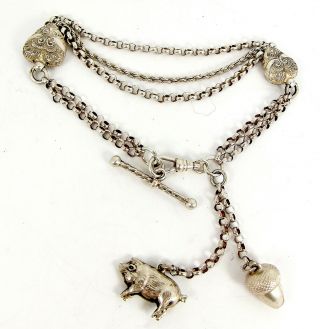 Victorian Silver Albertina Watch Chain Bracelet Acorn & Pig Charms T Bar