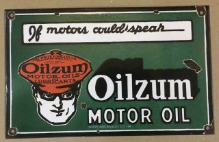 Vintage " Oilzum " Motor Oil Porcelain Enamel Sign 16 " X10 "