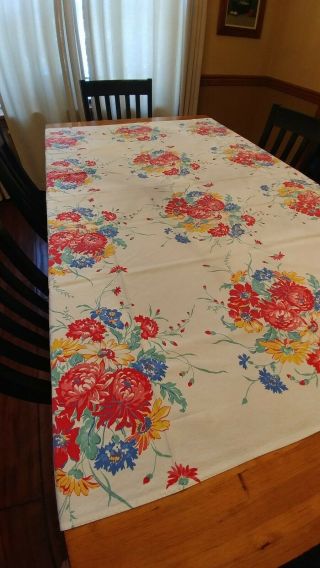 Vintage Mid Century Tablecloth.  52 X 63 Floral Pattern,  Colors Very Vibrant