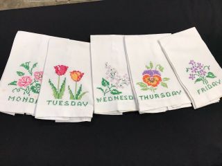 Set Of 5 Vintage Hand Embroidery Days Of The Week & Flowers Huck Kitchen Towels
