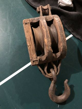 Vintage Antique Wood & Metal Steel Iron Double Block & Tackle Pulley Hoist