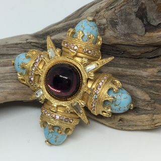Vintage Benedikt Ny Maltese Cross Pin / Pendant Turquoise Brooch Ruby Rhinestone