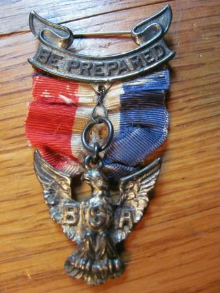 Vintage Boy Scouts Be Prepared Eagle Medal & Ribbon Pin - Sterling Top - Look