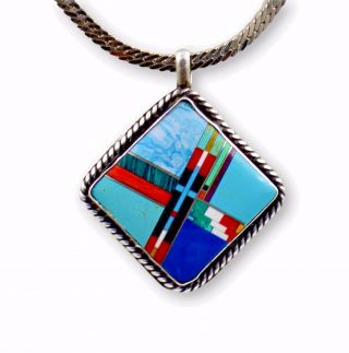 Vintage Navajo Old Pawn Sterling Silver Turquoise Inlay Pendant.