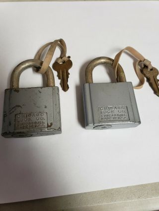 Vintage (2) Chicago Lock Co Cylinder Padlock Both Have Keys Made In U.  S.  A.
