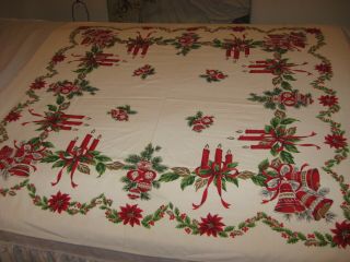 Vintage Christmas Tablecloth 47 " X 51 " Bells,  Candles,  Ornaments,  Holly