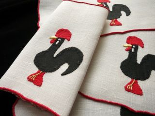 Classic Black Madeira Roosters 4 Vintage Madeira Linen Cocktail Napkins