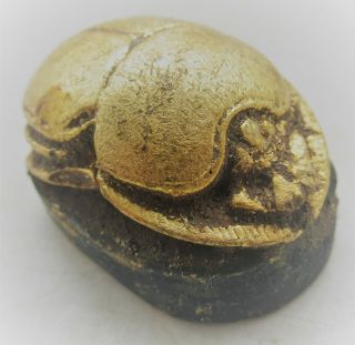 Circa 500bce Ancient Egyptian Gold Gilded Stone Scarab Bead Seal