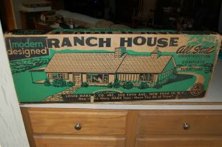 Vintage Marx Tin Litho Doll House Mid Century Modern Ranch Suburban W/ Box