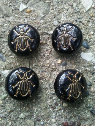 Antique Black Glass Button Set Of 4 Beetles.