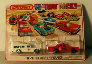Dte 1975 Card Lesney Matchbox Twin Pack Tp - 10 Fire Chief & Ambulance Niop