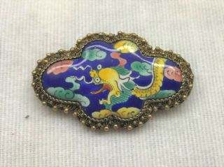 Antique Chinese Export Sterling Silver & Enamel Filigree Dragon Pin Brooch