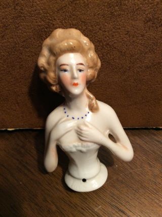 Antique Vintage 4” German Porcelain Half Doll Pin Cushion Top