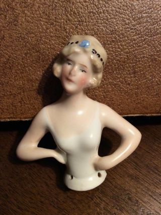 Antique Vintage 3” German Porcelain Half Doll Pin Cushion
