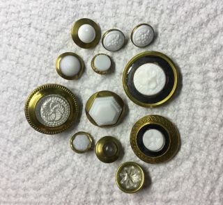 12 Vintage Brass And White Glass Buttons.