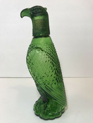 Vintage Green Art Glass Decanter Bottle Eagle Bird Shaped Shot Glass Head Genie