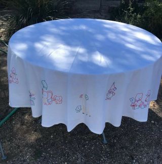 Vtg 70” Cotton Tablecloth Hand Embroidered Child’s Birthday Theme Circus