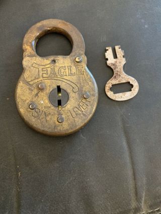 Vintage Eagle 6 Lever Padlock Lock w/Key 2