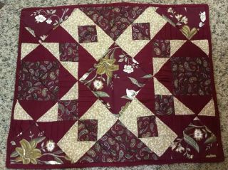 Patchwork Quilt Wall Hanging,  Triangles,  Squares,  Burgundy,  Beige,  Florals
