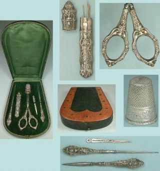 Unusual Antique Horseshoe Cased Silver Sewing Set French Circa 1890s