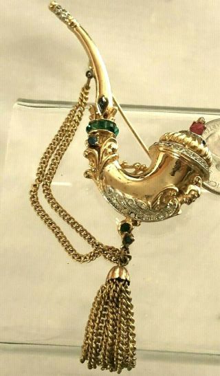 Elaborate " Jeweled " Coro Craft Figural Pipe Brooch Rhinestones Chain Dangles