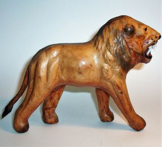 Old Lion Hand Crafted Leather Art Sculpture Statue Figurine Vintage Antique Vg