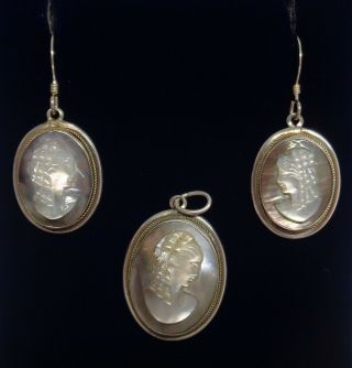 Vintage Shell Cameo Pendant And Earring Set 925 Silver - Total Weight 7.  9 Grams