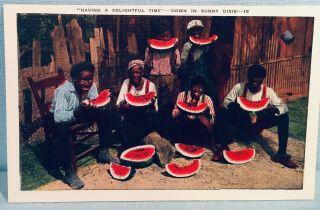 Vintage Linen Postcard Black Americana Watermelon Eating Down In Sunny Dixie