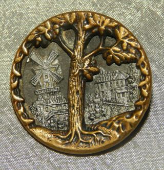 Antique Picture Button Brass & White Metal Tree Milll Town Lrge 431 - B