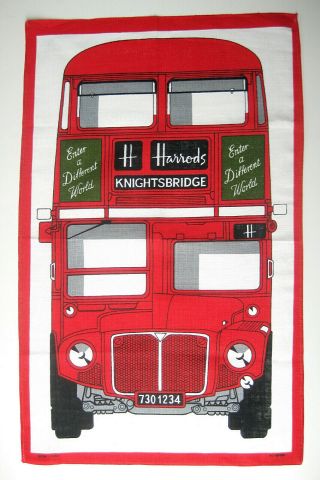 Vintage Linen Tea Towel London Bus Harrods Knightsbridge Kitchen Dish Cloth