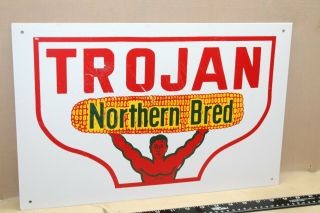 Trojan Northern Bred Seed Corn Painted Tin Metal Sign Farm Barn Feed Dairy Pork