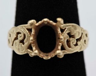 Heavy Antique 14k Solid Yellow Gold Filigree 4.  2g Sz 7.  5 Mount For Large Oval