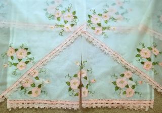 Vtg 5pc.  Curtain Panel Set Semi Sheer White Embroidered Pink Flowers