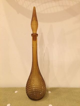 Large Vintage Diamond Design Glass Decanter Amber Brown 21.  5 " Genie Bottle