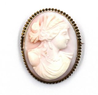 Vintage Pink White Angel Skin Coral Hand Carved Cameo Brooch Pin 10k Yellow Gold
