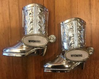 Vintage Souvenir Silver Metal Wyoming Cowboy Boot Salt & Pepper Shaker Set