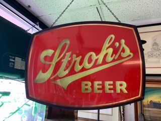 Vintage Strohs Double Sided Hanging Lighted Beer Sign 18”x15”x3”