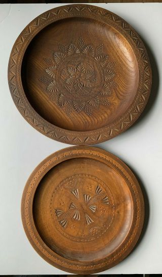 Set Of Two Hand Carved Decorative Wooden Plates